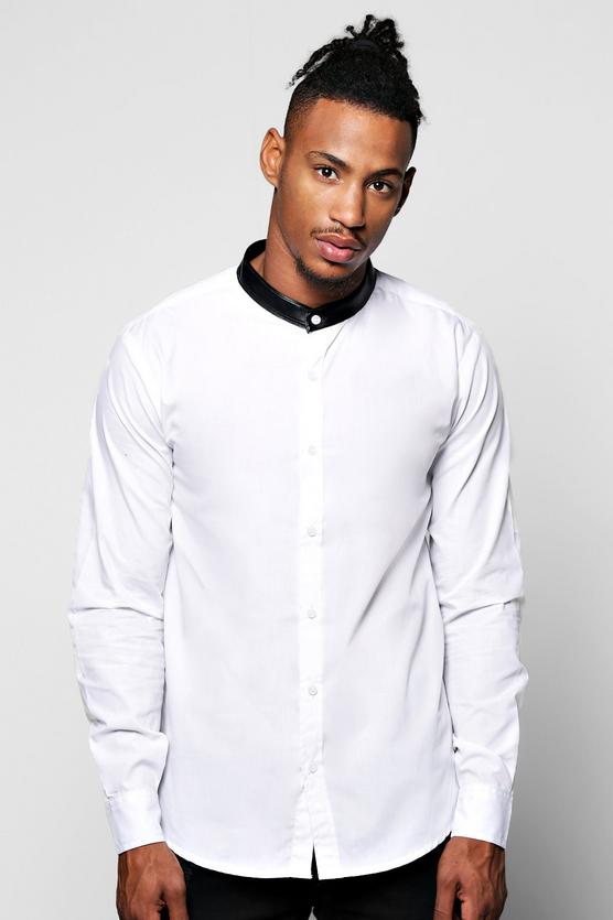 PU Trim Grandad Collar Shirt With Black Trim